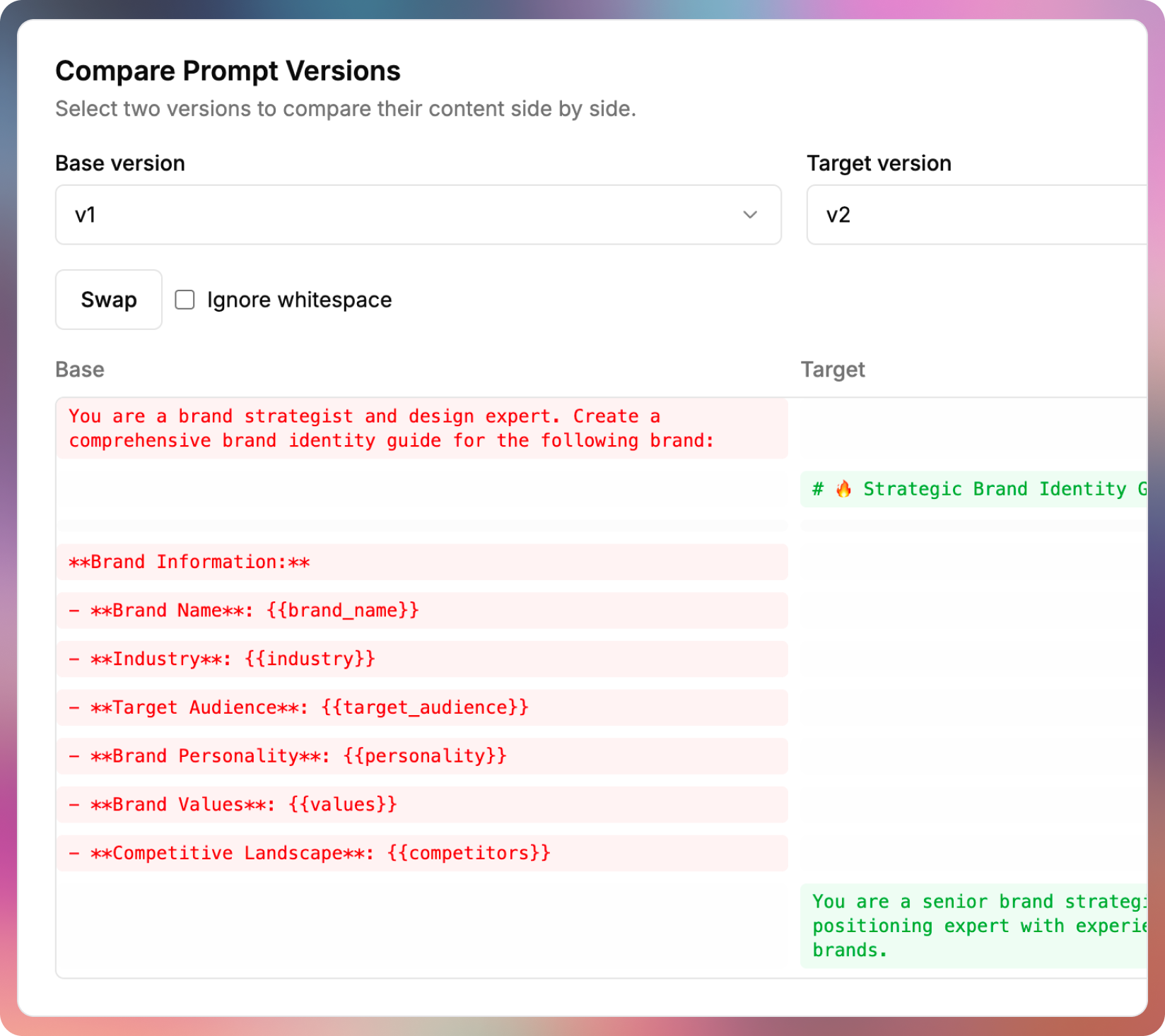 Grimoire prompt version comparison — diff view