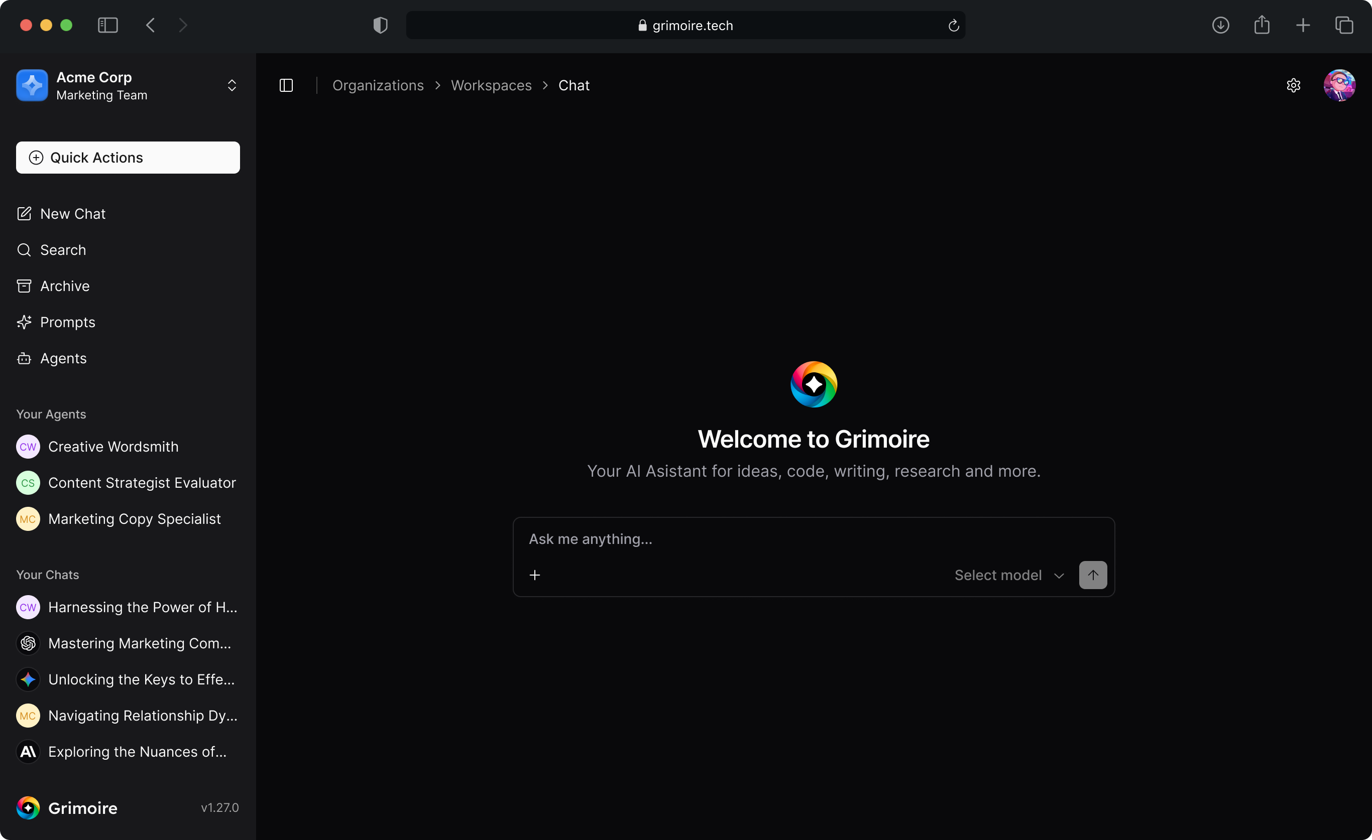 Grimoire AI platform — chat interface with multiple AI models