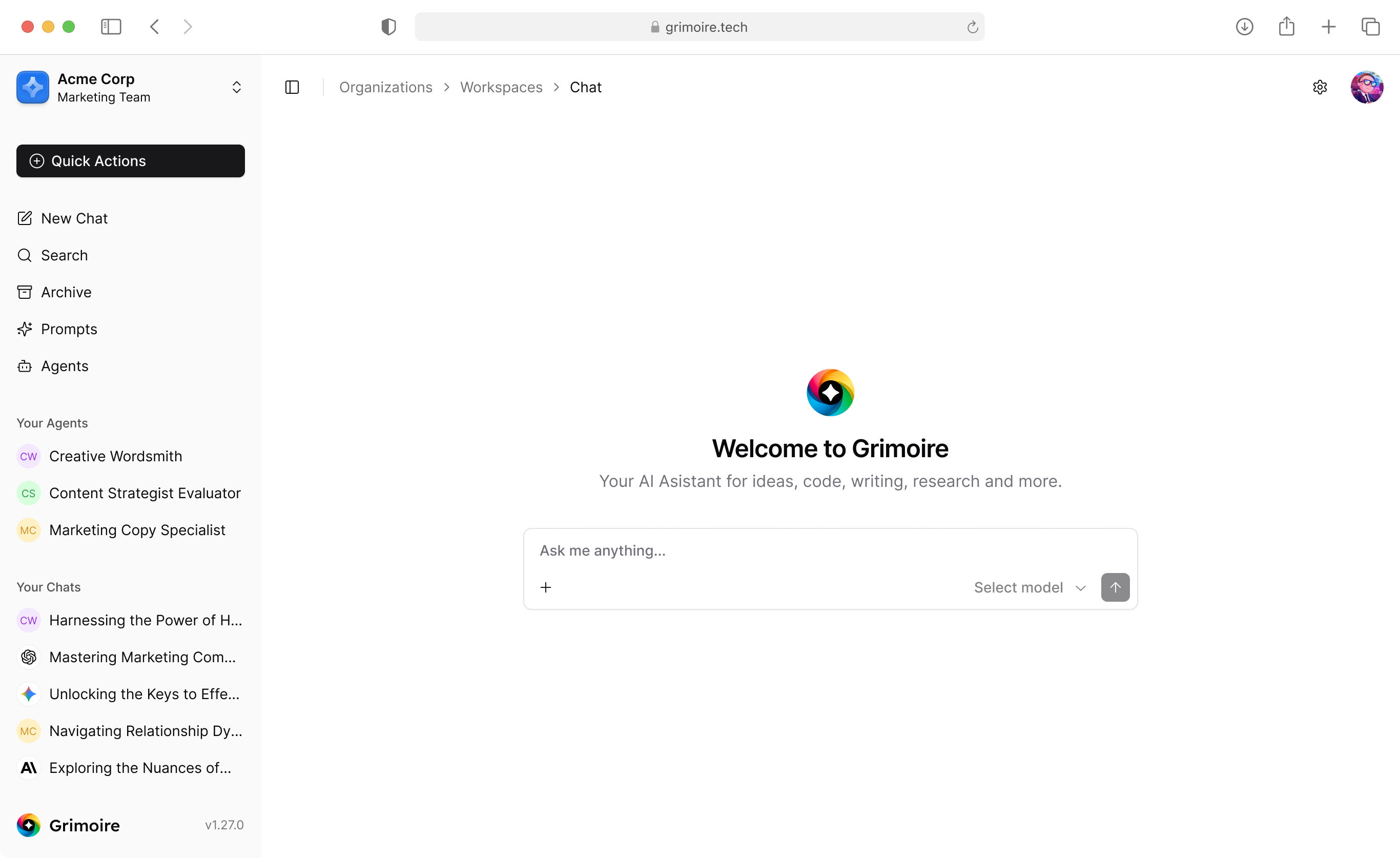 Grimoire AI platform — chat interface with multiple AI models